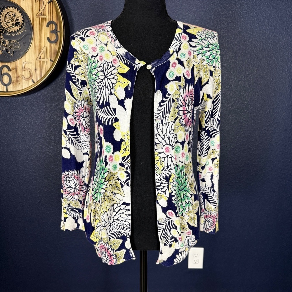 Charlotte Tarantola Navy & Pink Multicolor Floral Silk Blend Cardigan | Medium